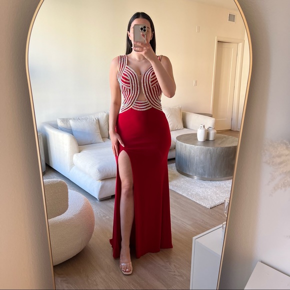 Red Crystal Embellished Evening Gown Dress